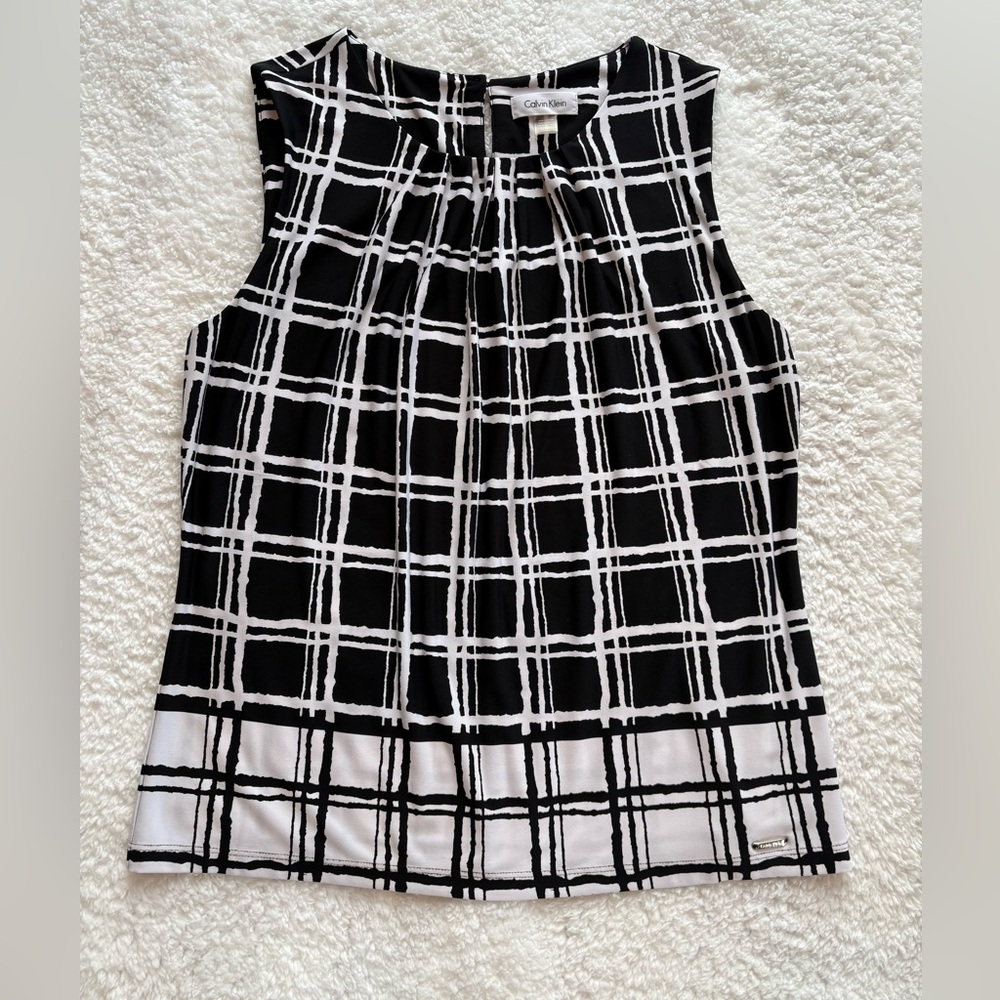 Calvin Klein Black & White Windowpane Sleeveless Top - Size Large